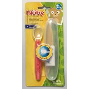 Nuby - Lingura din silicon pentru bebelusi, Cu maner arcuit, Cu carcasa de depozitare, 3+ luni, Galben/Verde BYNID5555GREEN