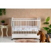 Qmini - Patut din lemn Timmi Elephant 120x60 cm, Cu sertar, Din lemn de pin si mdf, Stabil si rezistent, Inaltime saltea reglabila pe 3 nivele, Laterala cu 3 bete detasabile, EN716-1, EN716-2, Alb BYNQMTIME02AL
