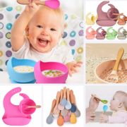 Set din silicon cu bol bavetica si lingurita pentru bebe - Diverse culori ADDTA59