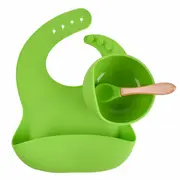 Set din silicon cu bol bavetica si lingurita pentru bebe - Diverse culori ADDTA59