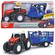 Tractor dickie toys massey ferguson animal trailer 26 cm cu lumini, sunete, remorca si figurina vaca hubs203734003