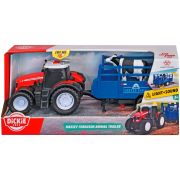 Tractor dickie toys massey ferguson animal trailer 26 cm cu lumini, sunete, remorca si figurina vaca hubs203734003