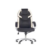 Scaun directorial hm barton, piele ecologica, mecanism balans, roti cauciucate, 120 kg, alb - negru drm4468