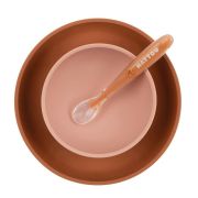 Nattou - Set de masa, Include baveta reglabila cu buzunar de colectare, bol, farfurie si lingurita, Silicon moale, Fara BPA, 4-36 luni+, Portocaliu BYN876810