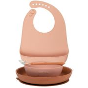 Nattou - Set de masa, Include baveta reglabila cu buzunar de colectare, bol, farfurie si lingurita, Silicon moale, Fara BPA, 4-36 luni+, Portocaliu BYN876810