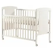 Patut cu laterala culisanta Mia, 120x60 cm, Din lemn de pin si mdf, Cu roti, Cu sina speciala pentru dentitie, Stabil si rezistent, Suport pentru saltea reglabil, FreeON, White BYN49171