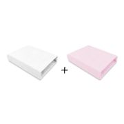 Qmini - Set 2 cearceafuri cu elastic pentru patut leagan sau patut co-sleeper, 90x50 cm, Din bumbac, Material certificat Oeko Tex Standard 100, White and Pink BYN6426972023955