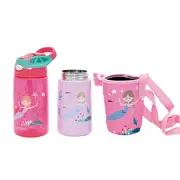Set 3 in 1 recipient din tritan cu pai 500 ml, termos otel inoxidabil 350 ml, cu capac,maner, husa neopren si bretea transport olmitos mermaid lvtkolm1766