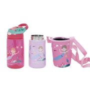 Set 3 in 1 recipient din tritan cu pai 500 ml, termos otel inoxidabil 350 ml, cu capac,maner, husa neopren si bretea transport olmitos mermaid lvtkolm1766