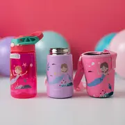 Set 3 in 1 recipient din tritan cu pai 500 ml, termos otel inoxidabil 350 ml, cu capac,maner, husa neopren si bretea transport olmitos mermaid lvtkolm1766