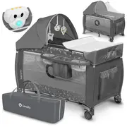 Lionelo - Patut pliant cu doua nivele Sven Plus, 120x60 cm, arcada jucarii, masuta de infasat, vibratii, melodii, conform cu standardele europeane de securitate EN716 si EN12221, Grey BYNLO-SVEN_PLUS_GREY_CONCRETE
