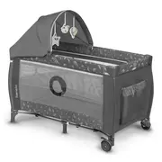 Lionelo - Patut pliant cu doua nivele Sven Plus, 120x60 cm, arcada jucarii, masuta de infasat, vibratii, melodii, conform cu standardele europeane de securitate EN716 si EN12221, Grey BYNLO-SVEN_PLUS_GREY_CONCRETE