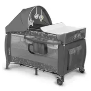Lionelo - Patut pliant cu doua nivele Sven Plus, 120x60 cm, arcada jucarii, masuta de infasat, vibratii, melodii, conform cu standardele europeane de securitate EN716 si EN12221, Grey BYNLO-SVEN_PLUS_GREY_CONCRETE