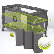 Lionelo - Patut pliant cu doua nivele Sven Plus, 120x60 cm, arcada jucarii, masuta de infasat, vibratii, melodii, conform cu standardele europeane de securitate EN716 si EN12221, Grey BYNLO-SVEN_PLUS_GREY_CONCRETE