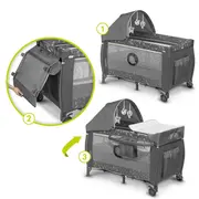 Lionelo - Patut pliant cu doua nivele Sven Plus, 120x60 cm, arcada jucarii, masuta de infasat, vibratii, melodii, conform cu standardele europeane de securitate EN716 si EN12221, Grey BYNLO-SVEN_PLUS_GREY_CONCRETE