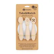 Petite&Mars - Set 3 lingurite, Diverse forme, Pentru supa, paste, alimente usoare, Dezvolta simturile si abilitatile senzoriale, Silicon, Fara BPA, 6 luni+, Bej BYN721818