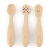 Petite&Mars - Set 3 lingurite, Diverse forme, Pentru supa, paste, alimente usoare, Dezvolta simturile si abilitatile senzoriale, Silicon, Fara BPA, 6 luni+, Bej BYN721818