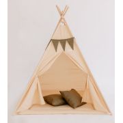 Set Cort de joaca, Beige teepee, 110x110x160 cm, salteluta, ghirlanda, 2 pernite si kit fixare MRD11872