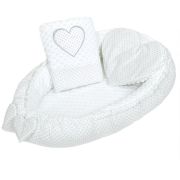 Set 3 piese Luxury, Baby Nest cu doua fete, Cu paturica si pernuta in forma de inima, New Baby, Minky Heart White BYN37140