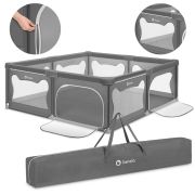 Tarc de joaca copii, Lionelo, Willow XL,180 x 200 cm, Pliere compacta, Include geanta de transport, Din plasa, Cu doua intrari laterale si fermoar, Cu ventuze pentru stabilitate, Conform cu EN 12227:2010, Gri BYNLO-WILLOW_XL_GREY_CONCRETE