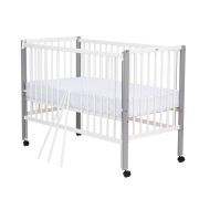 Patut din lemn bebe, 120x60 cm, Cu laterala culisanta, Din lemn de pin si mdf, Stabil si rezistent, Inaltime saltea reglabila pe 3 nivele, Laterala cu 3 bete detasabile, EN716-1, EN716-2, Alb, Qmini, Maya BYNQMMAY03AL