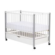 Patut din lemn bebe, 120x60 cm, Cu sertar cu capac, Din lemn de pin si mdf, Stabil si rezistent, Inaltime saltea reglabila pe 3 nivele, Laterala cu 3 bete detasabile, EN716-1, EN716-2, Alb, Qmini, Maya + Saltea 10 cm BYNQMMAY10CM02AL