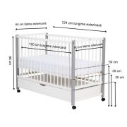 Patut din lemn bebe, 120x60 cm, Cu sertar cu capac, Din lemn de pin si mdf, Stabil si rezistent, Inaltime saltea reglabila pe 3 nivele, Laterala cu 3 bete detasabile, EN716-1, EN716-2, Alb, Qmini, Maya BYNQMMAY02AL