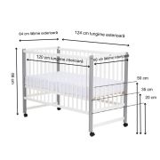 Patut din lemn bebe, 120x60 cm, Din lemn de pin si mdf, Stabil si rezistent, Inaltime saltea reglabila pe 3 nivele, Laterala cu 3 bete detasabile, EN716-1, EN716-2, Alb, Qmini, Maya + Saltea 8 cm BYNQMMAY8CM01AL