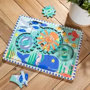 Puzzle educativ din lemn, cu rotite dintate, oceanul, 8 piese, pentru copii 3 ani+, melissa&doug 31003 - okemd31003