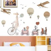 Sticker Decorativ Pentru Copii, Autoadeziv, Animale, girafa pe bicicleta si prietenii, 72x111 cm EKDWS63031