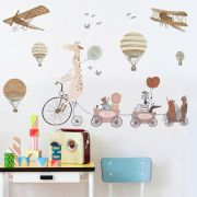 Sticker Decorativ Pentru Copii, Autoadeziv, Animale, girafa pe bicicleta si prietenii, 72x111 cm EKDWS63031