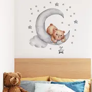 Sticker Decorativ Pentru Copii, Autoadeziv, Ursulet de plus intins pe luna, 62x60 cm EKDWS63037