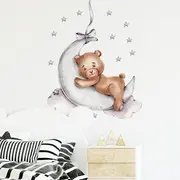 Sticker Decorativ Pentru Copii, Autoadeziv, Ursulet de plus pe luna, 72x57 cm EKDWS63026