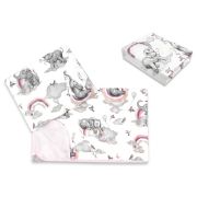 Lenjerie pat junior cu 3 piese, Qmini, Cu cearceaf 160x80 cm, Din bumbac certificat Oeko Tex Standard 100, Cu paturica si pernuta, Elephants on Rainbow Pink BYN6426972025140