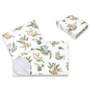 Lenjerie pat junior cu 3 piese, Qmini, Cu cearceaf 160x80 cm, Din bumbac certificat Oeko Tex Standard 100, Cu paturica si pernuta, Safari BYN6426972025133