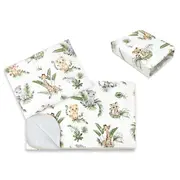 Lenjerie pat junior cu 3 piese, Qmini, Cu cearceaf 160x80 cm, Din bumbac certificat Oeko Tex Standard 100, Cu paturica si pernuta, Safari BYN6426972025133