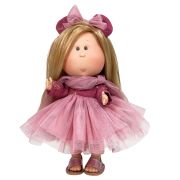 Papusa Nines D'Onil, Mia, cu parul blond si funda roz, cu articulatii, cu miros de vanilie, 30 cm