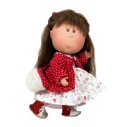 Papusa Nines D'Onil, Mia, cu parul saten si palton rosu, cu articulatii, cu miros de vanilie, 30 cm