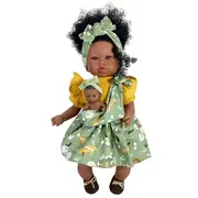 Papusa Nines D'Onil, Maria Afro, cu sunete, cu bebelus, cu rochie verde, cu miros de vanilie, 45 cm