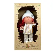 Papusa Nines D'Onil, Mia, cu parul rosu, cu fes alb, cu articulatii, cu miros de vanilie, 30 cm