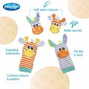 Set jucarii zornaitoare, Playgro, Include sosete interactive si 2 bratari, Inchidere cu velcro, Stimuleaza dezvoltarea senzoriala si tactila, 6 luni+, Jungle Wrist Rattle and Foot Finder BYN188406