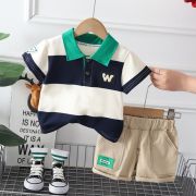 Costumas pentru baietei cu tricou tip polo in dungi bleumarine si ivoire MBXBR30-R1