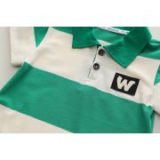 Costumas pentru baietei cu tricou tip polo in dungi verzi si ivoire MDXBR30-R1