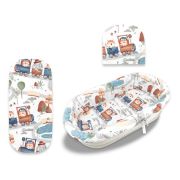 Set pentru landou/cosulet, MimiNu, Cu protectie, saltea si pernuta, Din bumbac certificat Oeko Tex Standard 100, Design, Zoo in train BYN6426972025041