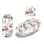 Set pentru landou/cosulet, MimiNu, Cu protectie, saltea si pernuta, Din bumbac certificat Oeko Tex Standard 100, Design, Zoo in train BYN6426972025041