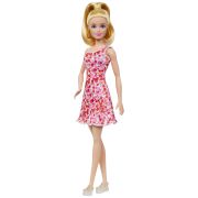 BARBIE PAPUSA BARBIE FASHIONISTA BLONDA CU PARUL PRINS IN COADA SI ROCHIE CU FLORICELE VIVMTHJT02