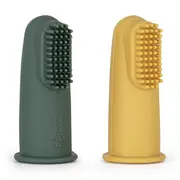 Set 2 periute de dinti pentru deget, Petite&Mars, Cu peri moi, Silicon, Include cutie depozitare, 0 luni+, Galben/Verde BYN720813