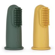 Set 2 periute de dinti pentru deget, Petite&Mars, Cu peri moi, Silicon, Include cutie depozitare, 0 luni+, Galben/Verde BYN720813
