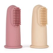 Set 2 periute de dinti pentru deget, Petite&Mars, Cu peri moi, Silicon, Include cutie depozitare, 0 luni+, Roz/Bej BYN720814