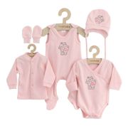 Set 5 piese, New Baby, Include Salopeta fara maneci, jacheta, body cu maneca lunga, caciulita, manusi, Marime 50, Din bumbac 100%, Classic Pink BYN49988